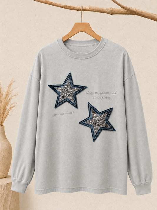 Long Sleeve Cotton Strass T-shirt - FREE SIZE