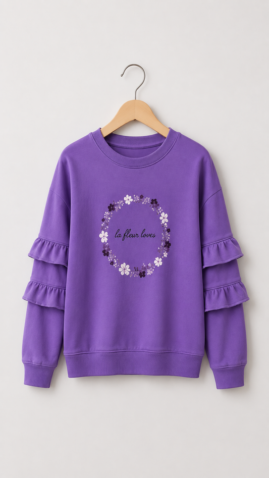 Long Sleeve Cotton Ruffles T-shirt - Floral Print - FREE SIZE