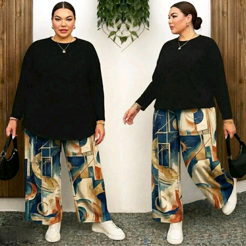 Plus Size - طقم - Set of Patterned Pants & Plain Top