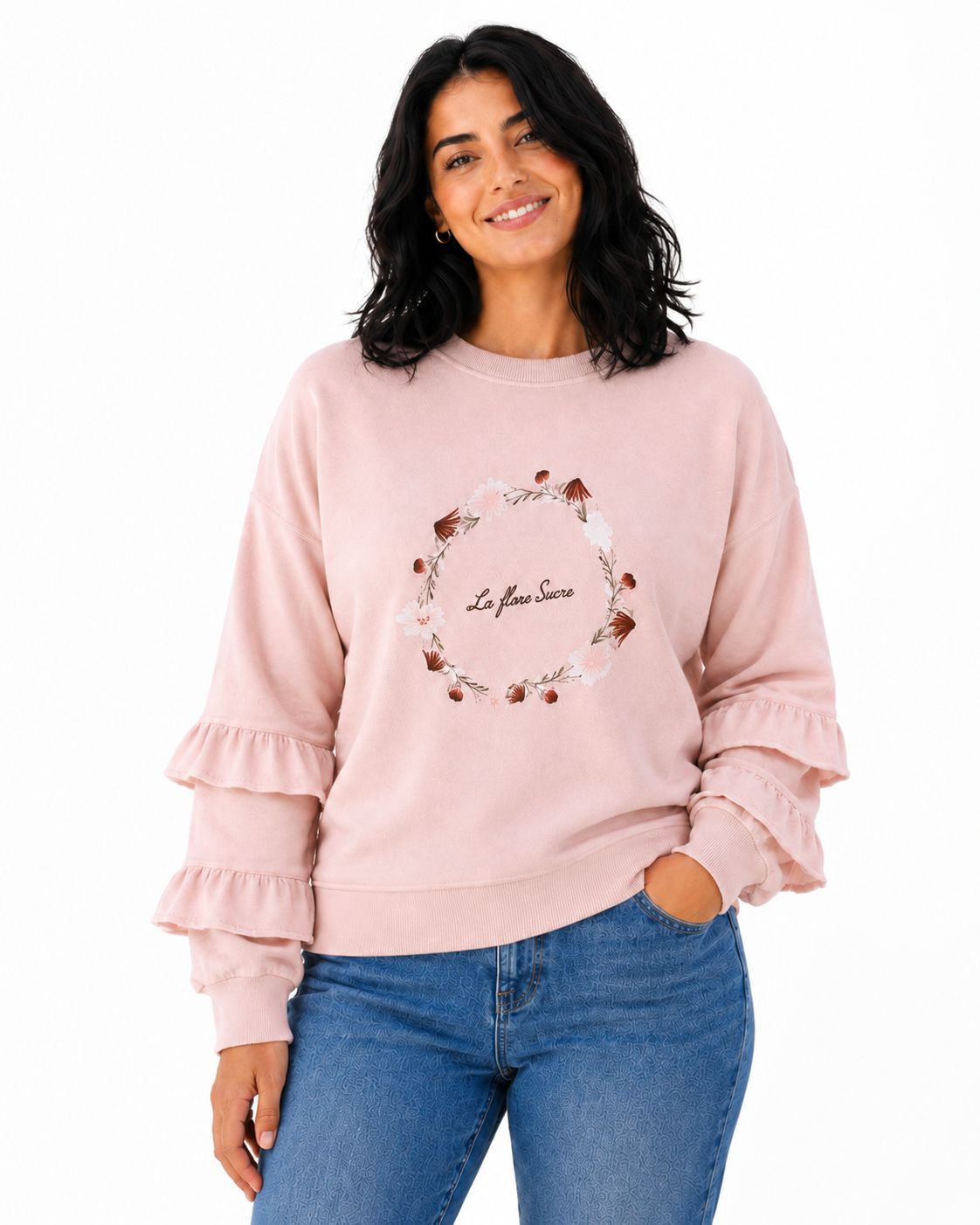 Long Sleeve Cotton Ruffles T-shirt - Floral Print - FREE SIZE