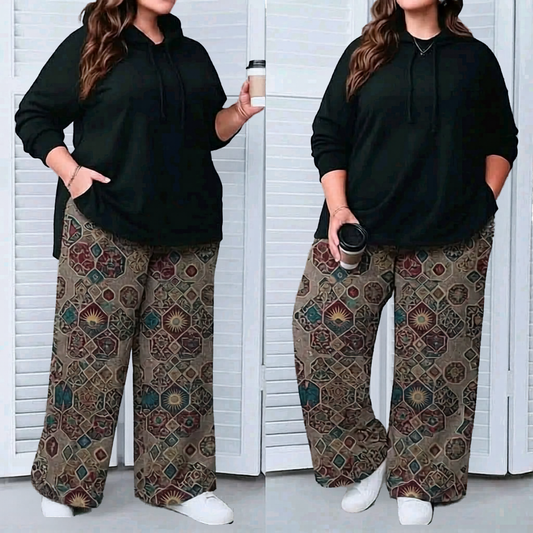 Plus Size - طقم - Set of Patterned Pants & Plain Top