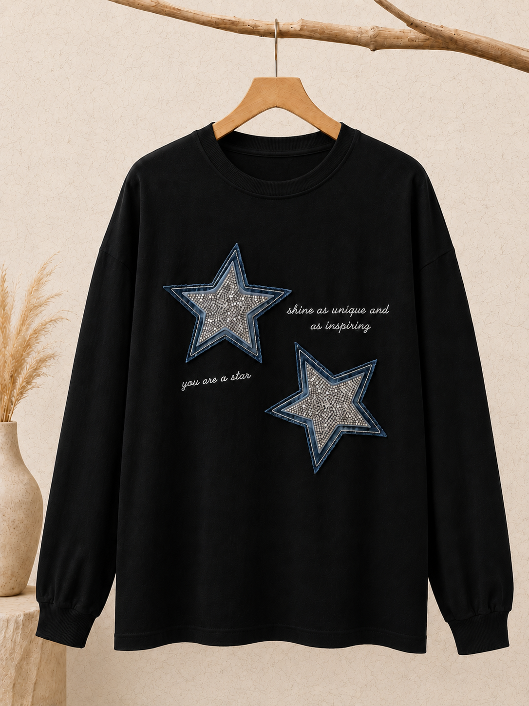 Long Sleeve Cotton Strass T-shirt - FREE SIZE