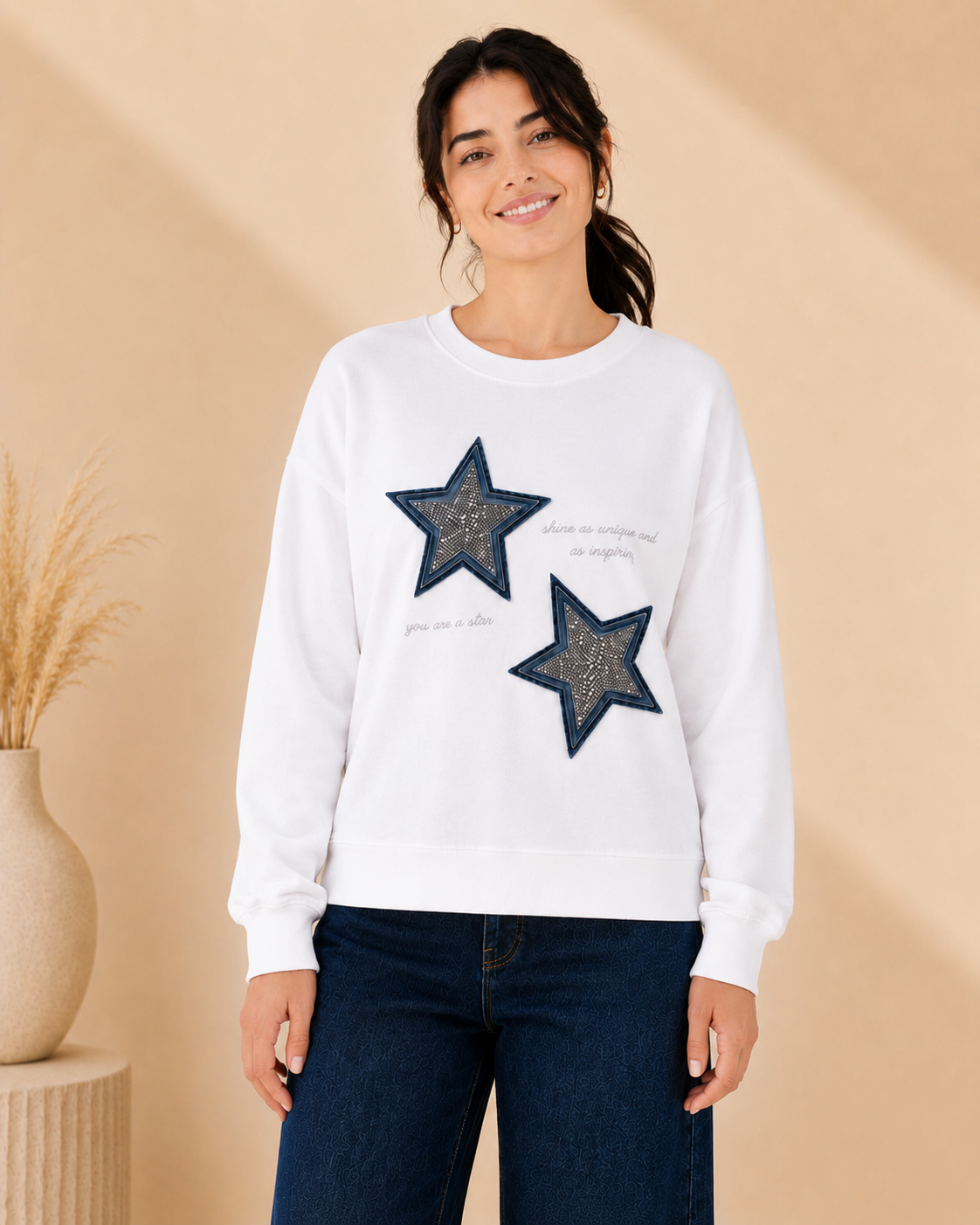 Long Sleeve Cotton Strass T-shirt - FREE SIZE