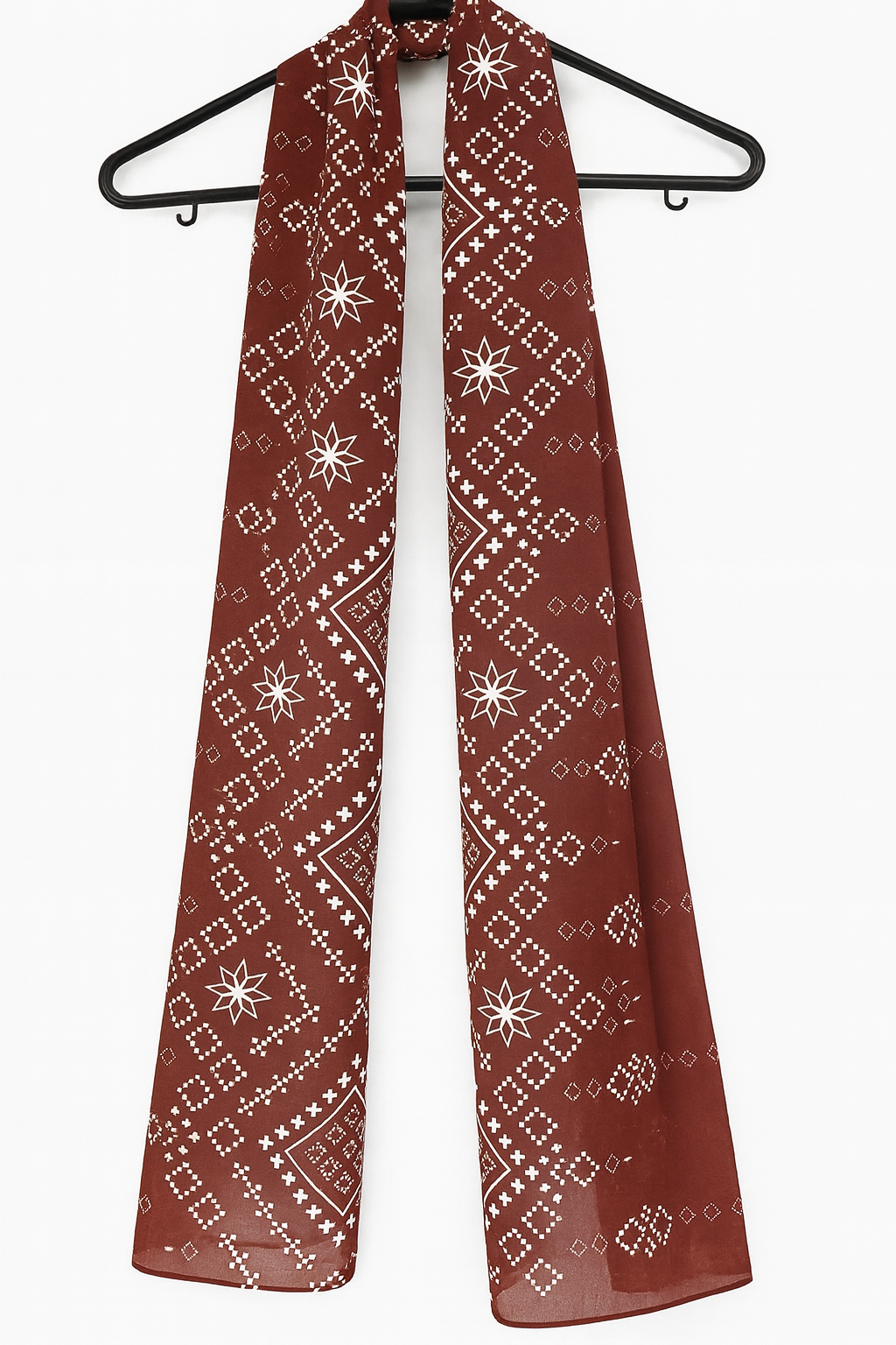 Terracotta Scarf (Hijab) 200 X 70 CM -  طرحه باللون الطوبي الغامق مع نقشة باللون الابيض -  شيفون