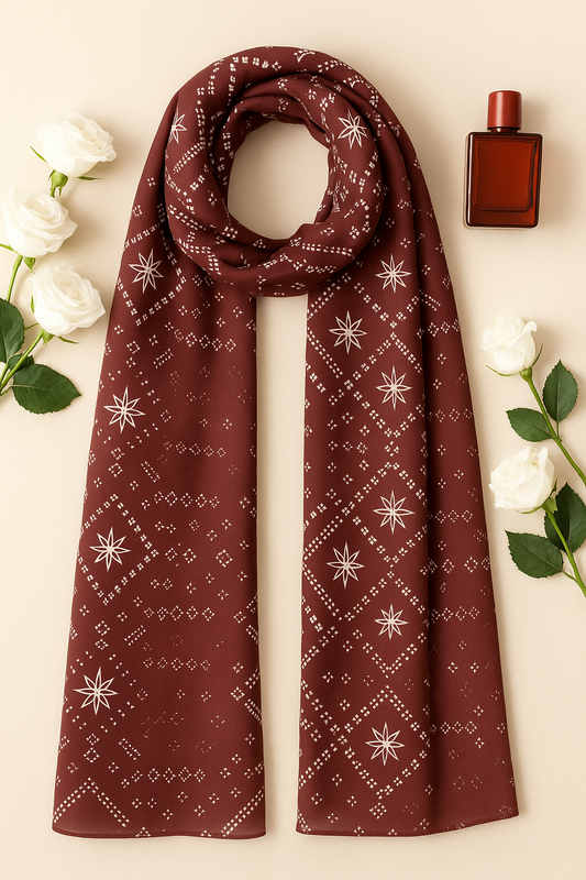Terracotta Scarf (Hijab) 200 X 70 CM -  طرحه باللون الطوبي الغامق مع نقشة باللون الابيض -  شيفون