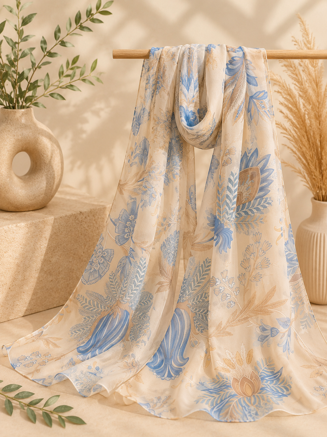 Sky Blue and Beige Scarf (Hijab) 200 X 70 CM - Soft Chiffon