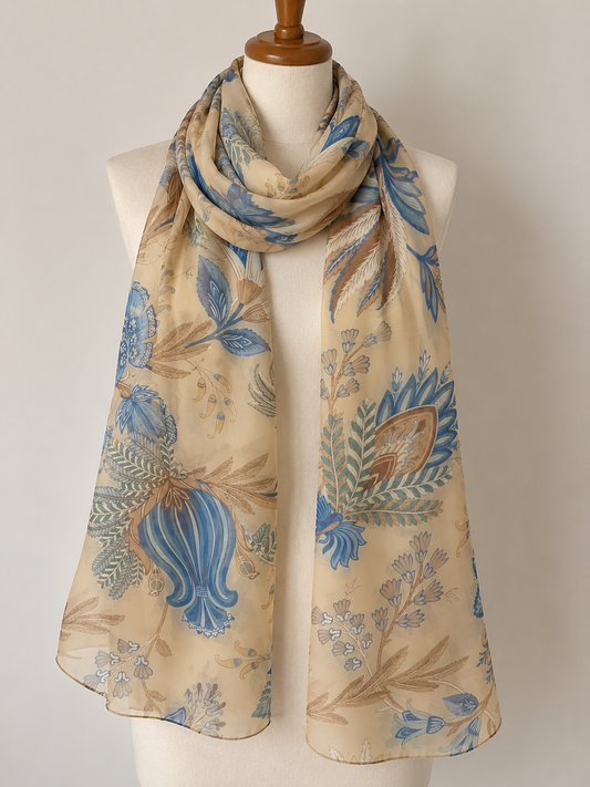 Sky Blue and Beige Scarf (Hijab) 200 X 70 CM - Soft Chiffon