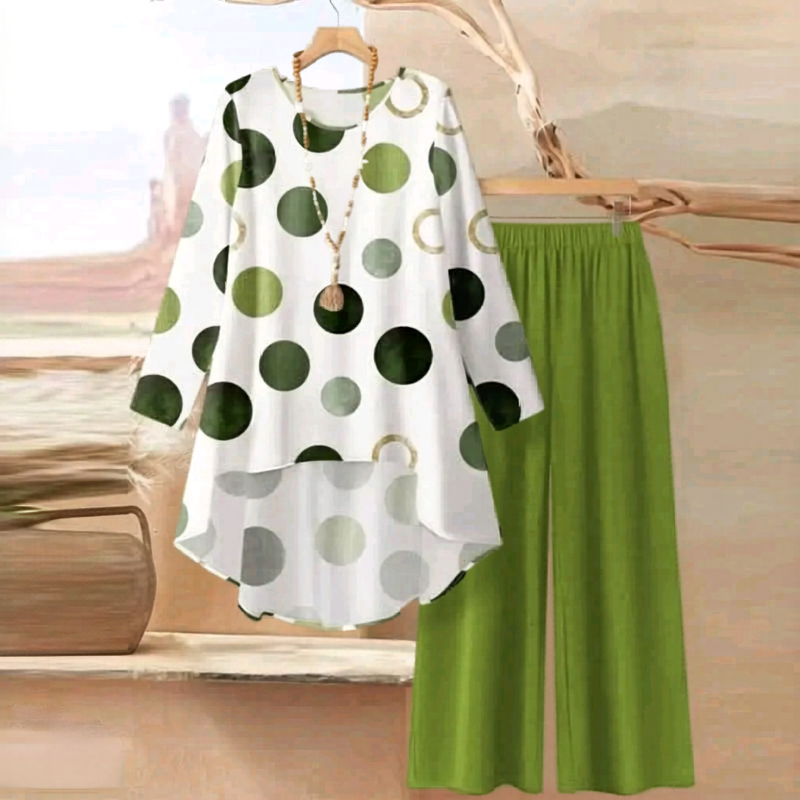 Plus Size - طقم - Set of Plain Pants and Patterned Top