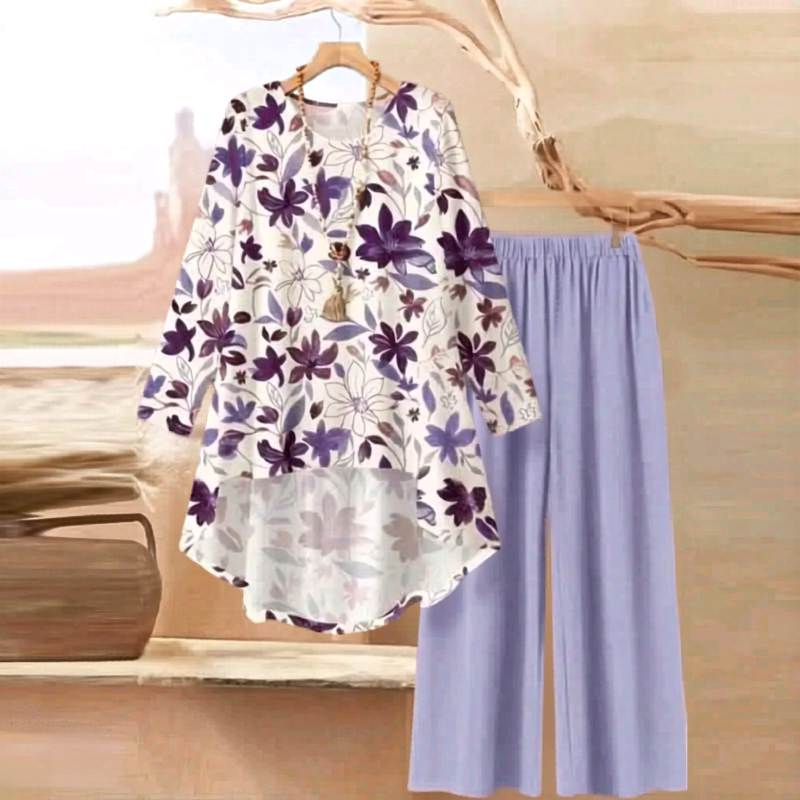 Plus Size - طقم - Set of Plain Pants and Patterned Top