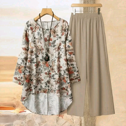 Plus Size - طقم - Set of Plain Pants and Patterned Top