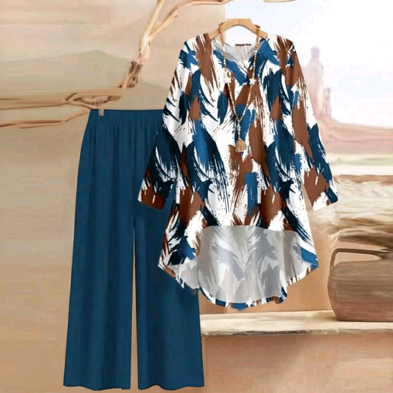 Plus Size - طقم - Set of Plain Pants and Patterned Top