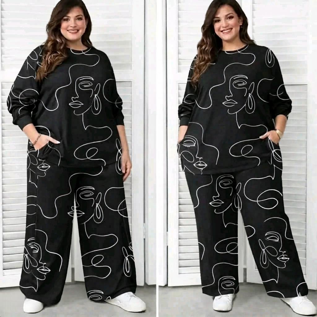 Plus Size -طقم- Set of Both Patterned Top and Pant