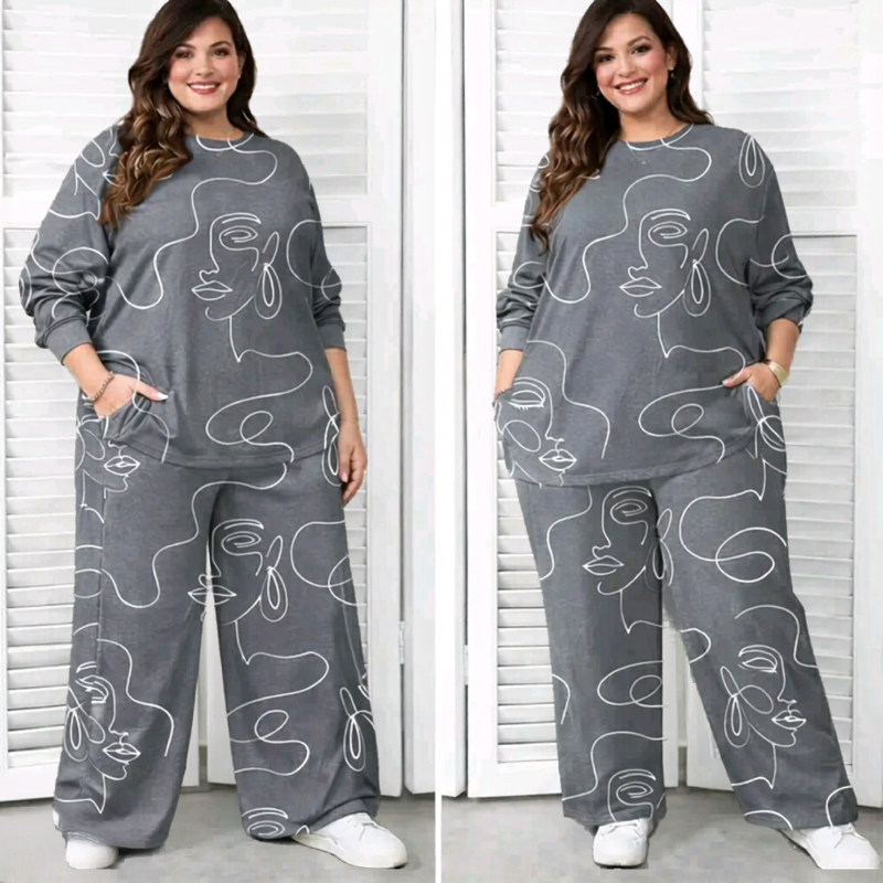 Plus Size -طقم- Set of Both Patterned Top and Pant