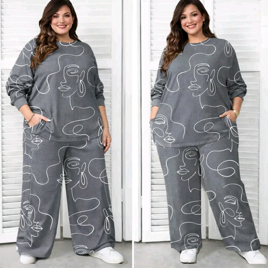 Plus Size -طقم- Set of Both Patterned Top and Pant