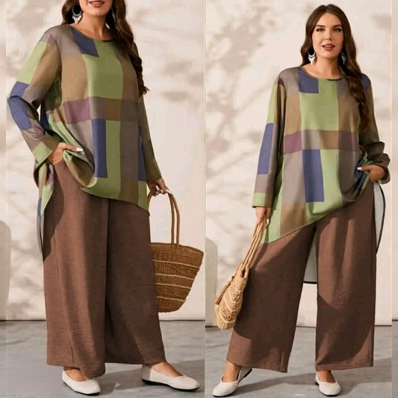 Plus Size - طقم - Set of Plain Pants and Patterned Top