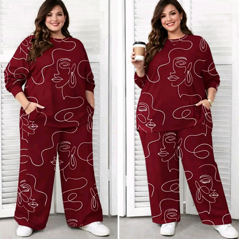 Plus Size -طقم- Set of Both Patterned Top and Pant