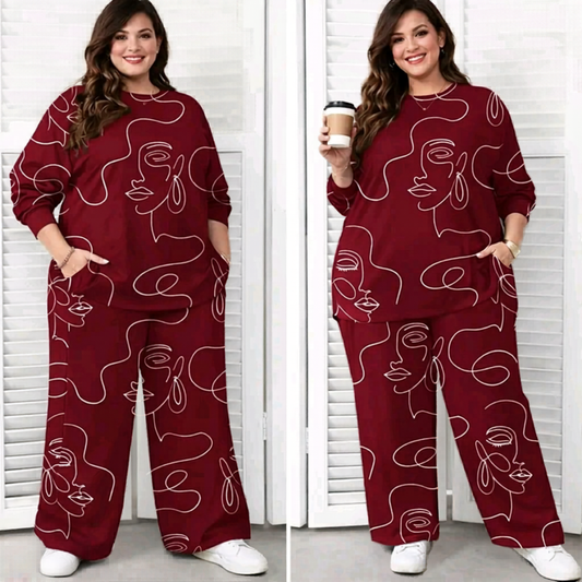Plus Size -طقم- Set of Both Patterned Top and Pant