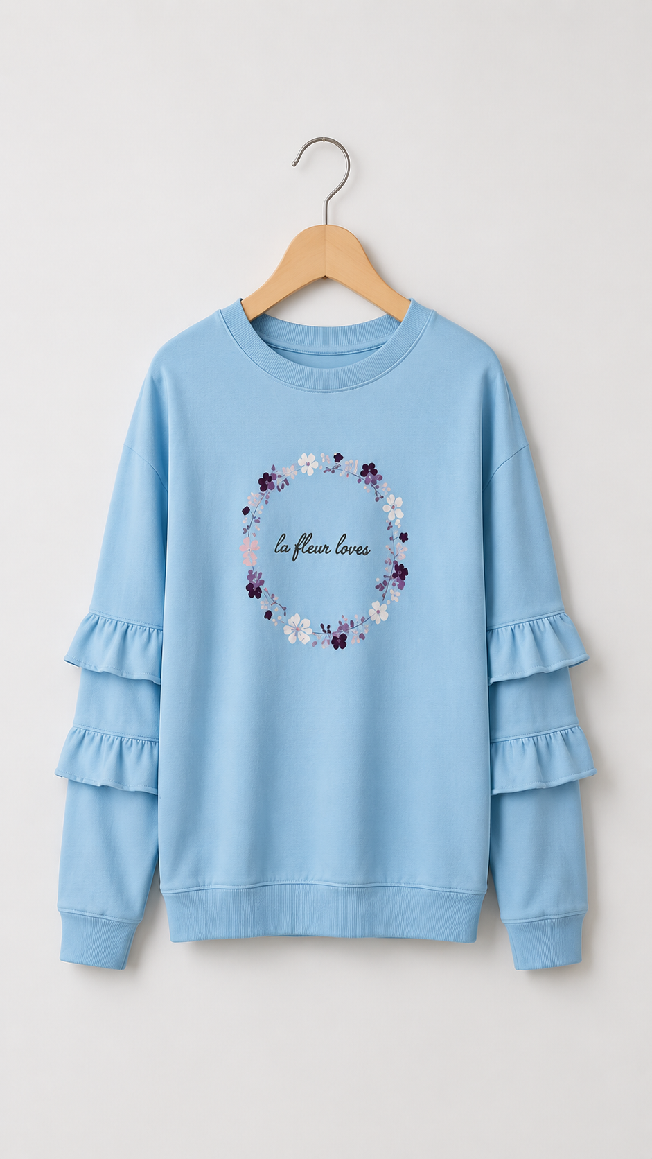 Long Sleeve Cotton Ruffles T-shirt - Floral Print - FREE SIZE