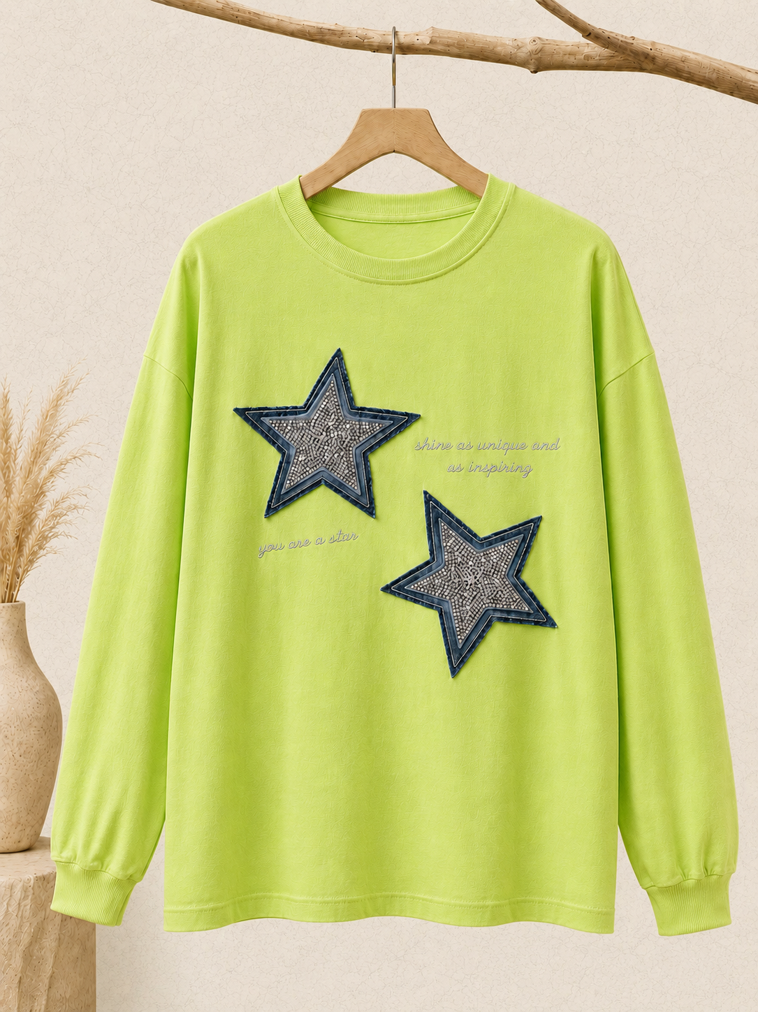Long Sleeve Cotton Strass T-shirt - FREE SIZE