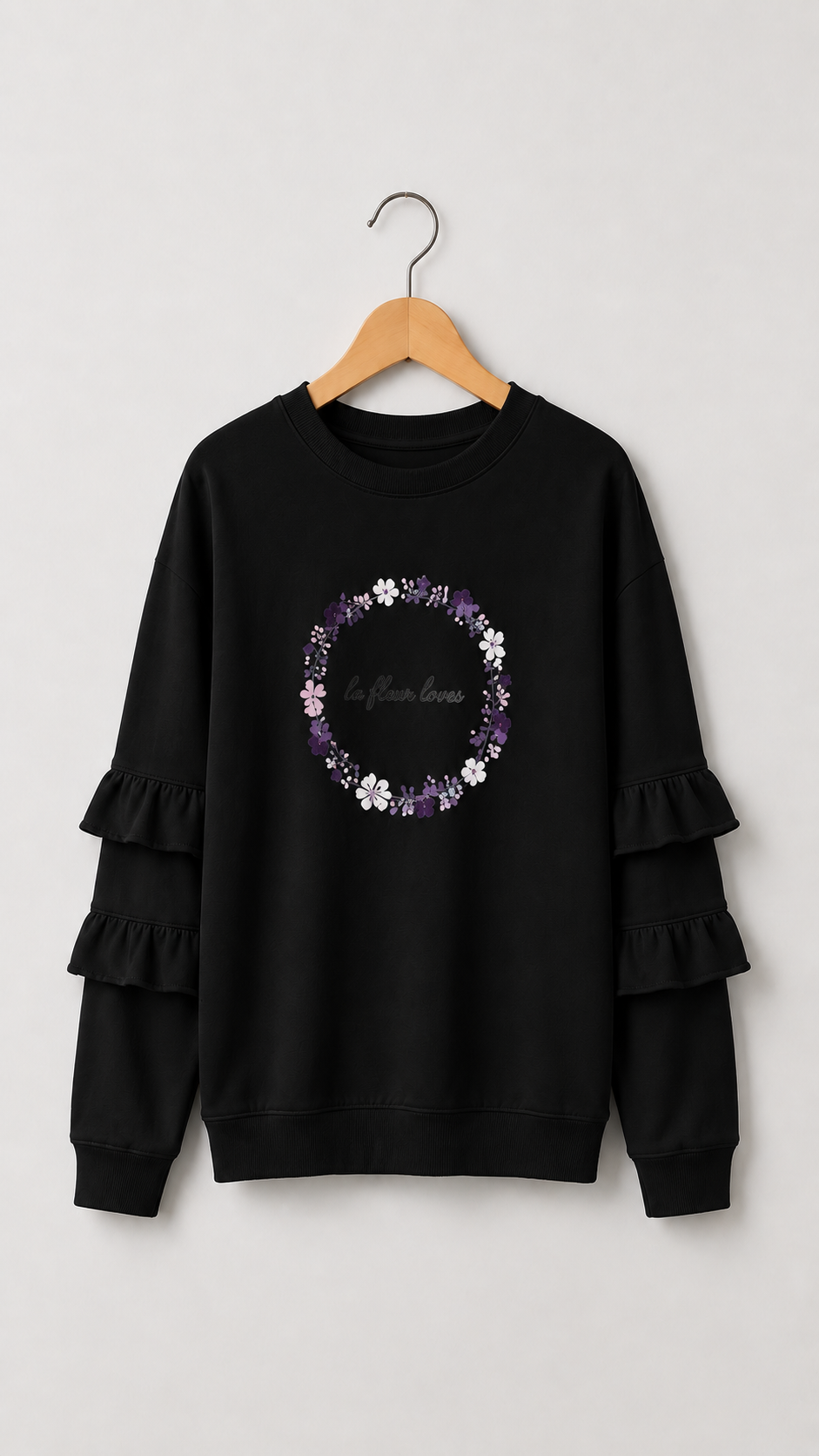 Long Sleeve Cotton Ruffles T-shirt - Floral Print - FREE SIZE