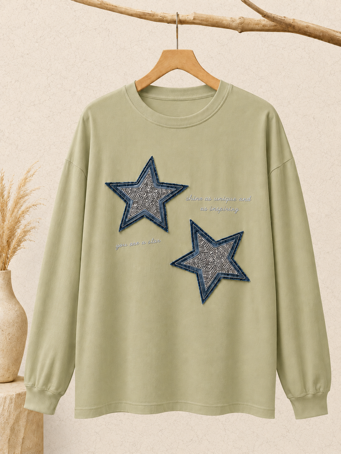 Long Sleeve Cotton Strass T-shirt - FREE SIZE