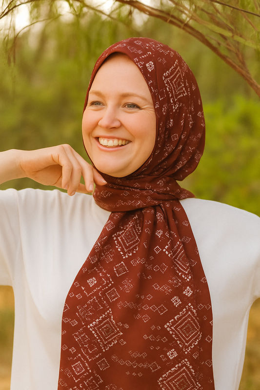 Terracotta Scarf (Hijab) 200 X 70 CM -  طرحه باللون الطوبي الغامق مع نقشة باللون الابيض -  شيفون