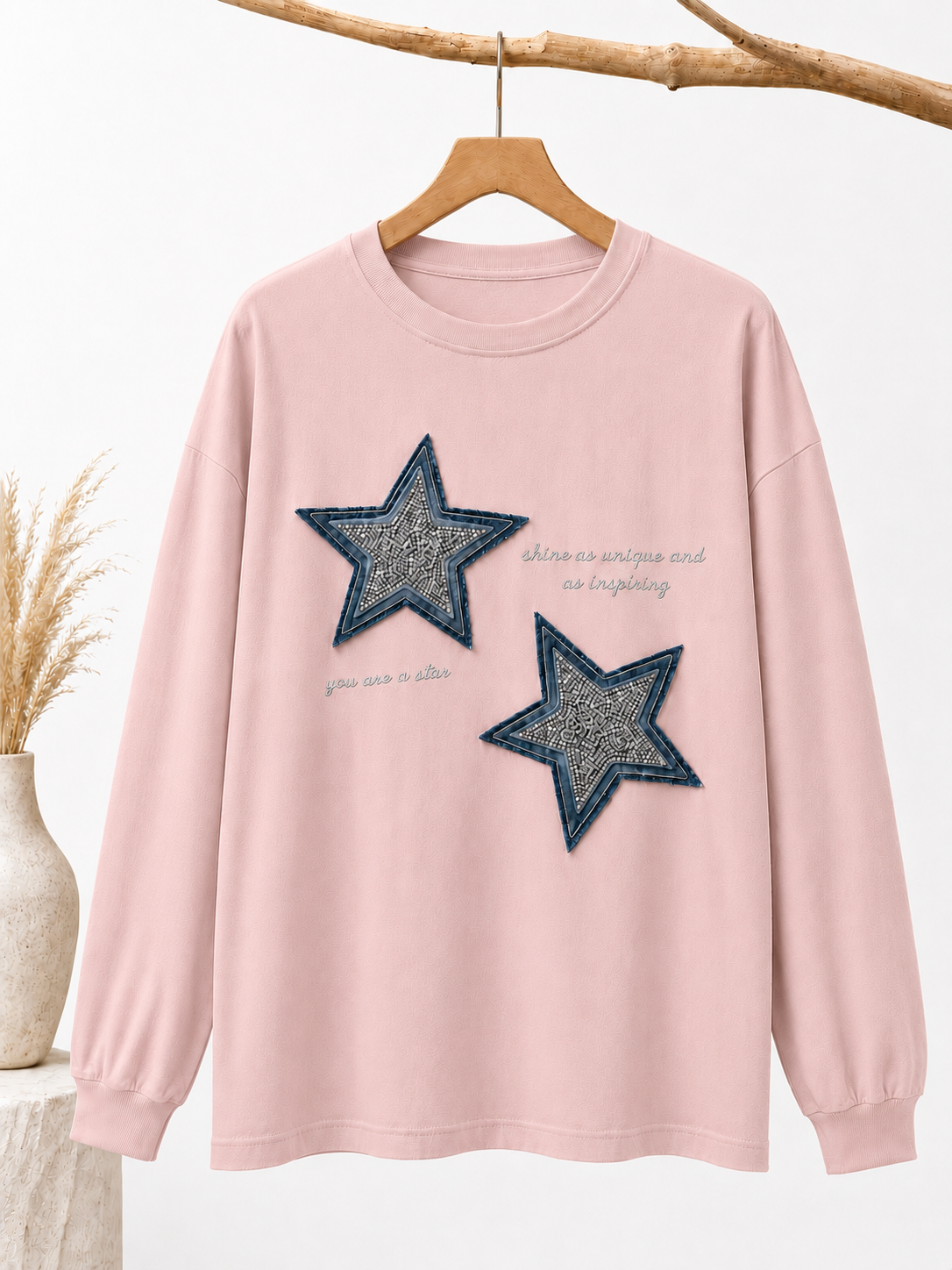 Long Sleeve Cotton Strass T-shirt - FREE SIZE