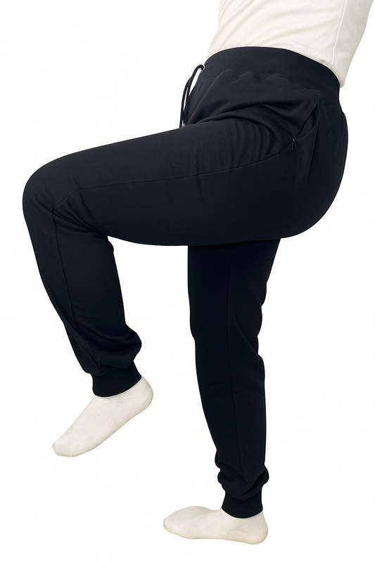 Ankle Banded Casual Pants - Zippered Pockets - Elastic Waist - Black