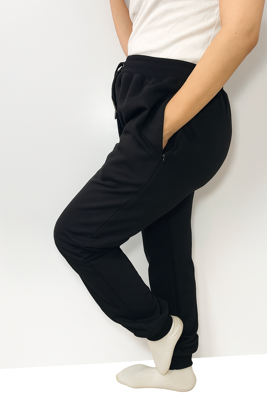 Ankle Banded Casual Pants - Zippered Pockets - Elastic Waist - Black