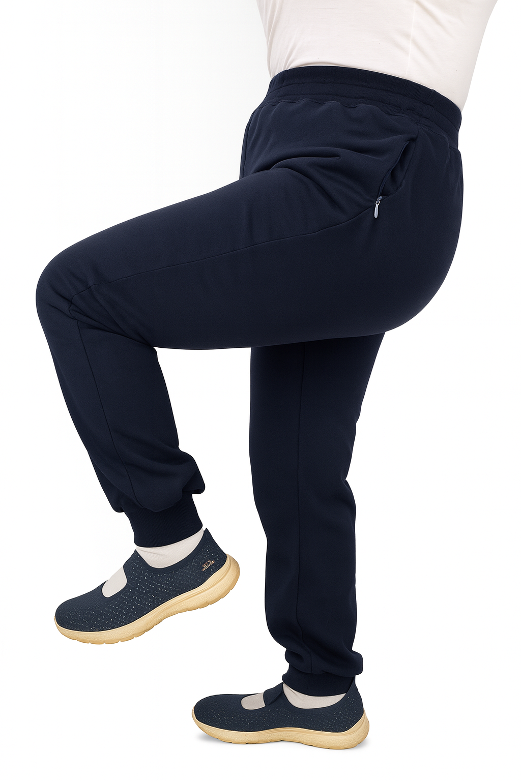 Ankle Banded Casual Pants - Zippered Pockets - Elastic Waist - Navy Blue