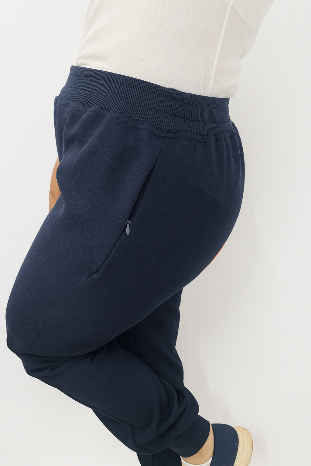 Ankle Banded Casual Pants - Zippered Pockets - Elastic Waist - Navy Blue